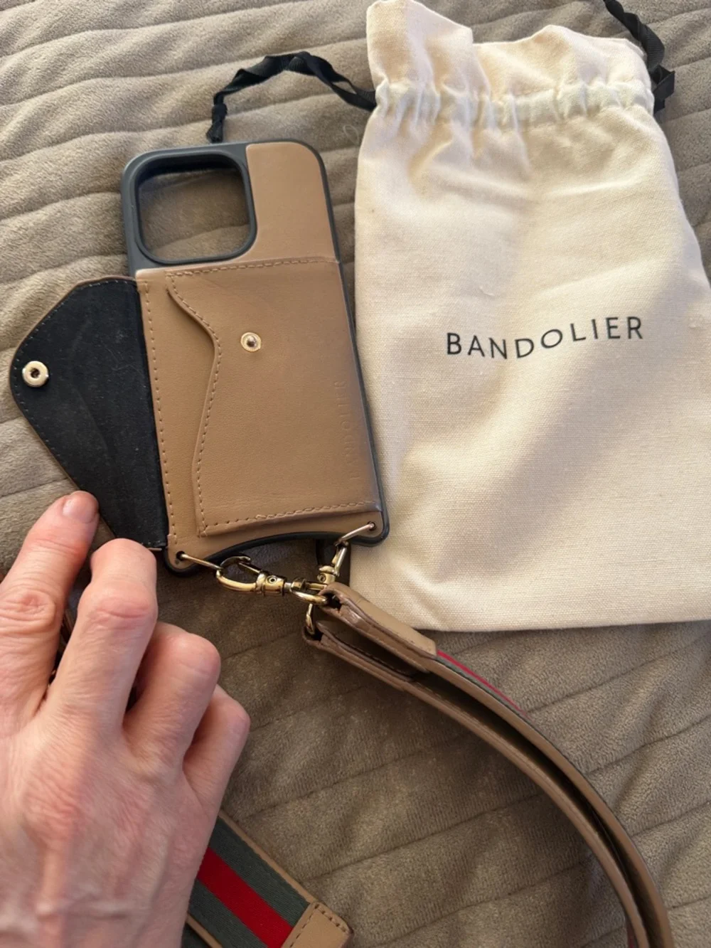 Bandolier Taupe Leather Mini Phone Crossbody with Gold Hardware